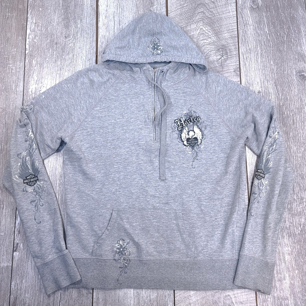 Harley Davidson Hoodie Womens Medium Gray 1/4 Zip Sleeve Graphic Lake Placid NY